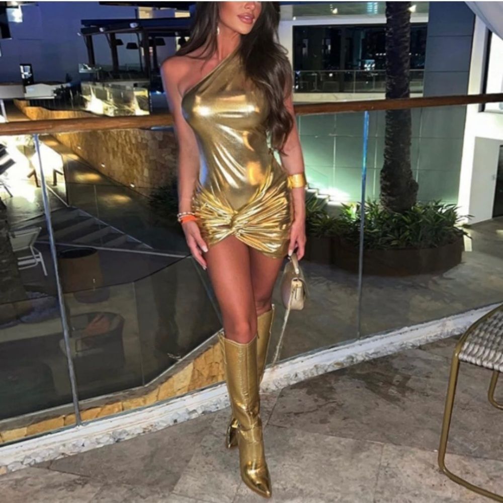 Sexy Metallic Leather One Shoulder Mini Dress 2 Piece